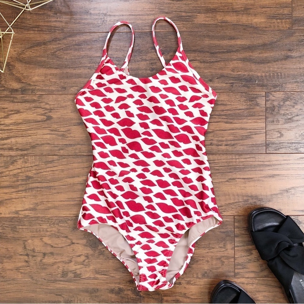 Adriana Degreas • Bacio Lip Print Swimsuit one piece red cream retro beach